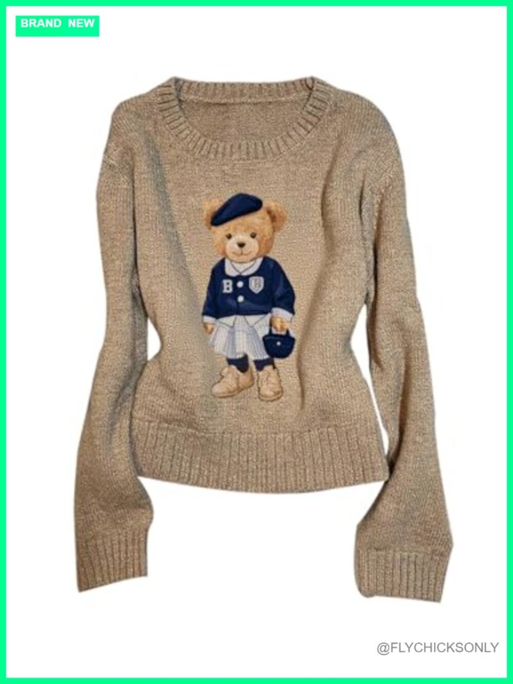 Bear Print Knit Pullover Sweater Crew Neck Long Sleeve Drop Shoulder
